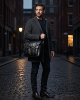 Regal Noir Vintage Leather Messenger Bag – Classic Black with Dual Buckle Design